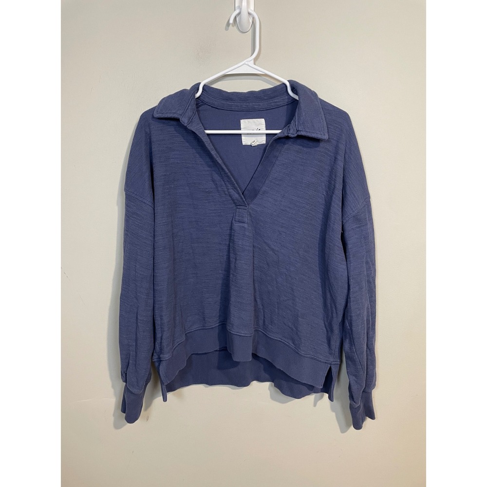 Aerie Endless Summer Polo Sweatshirt in Blue Size Small Oversized Coastal Casual